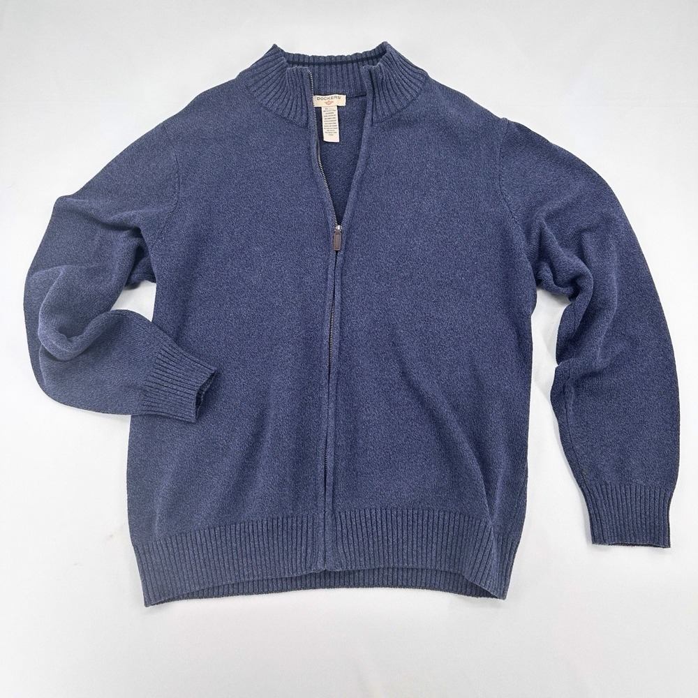 Dockers Men's XL Blue 100% Cotton Full Zip Sweater Cardigan Mock Neck Coastal